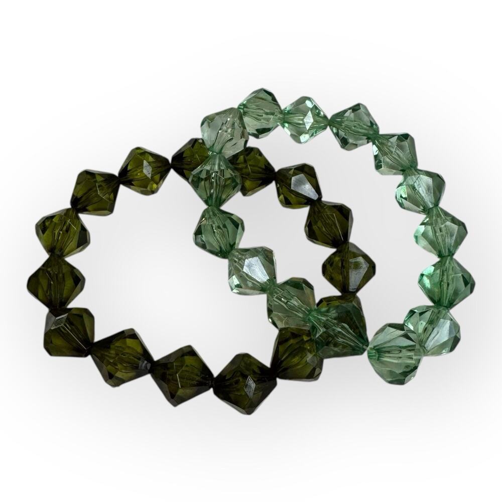 Vintage Set of‎ Two Green Faceted Bead Stretch Bracelets - Picture 7 of 7